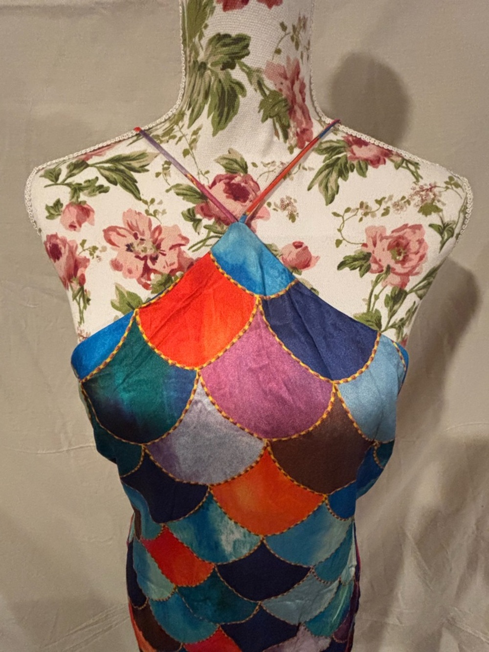 Commense NWT Colorful Mermaid Scale Print Halter Maxi Dress Open Back Large D272 - Picture 2 of 5